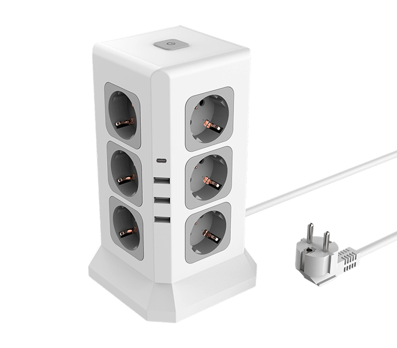 E11 vezetékes többfunkciós elosztó 12 európai stílusú kimenettel, 3 USB-A porttal és 1 USB-C porttal, kapcsolóval