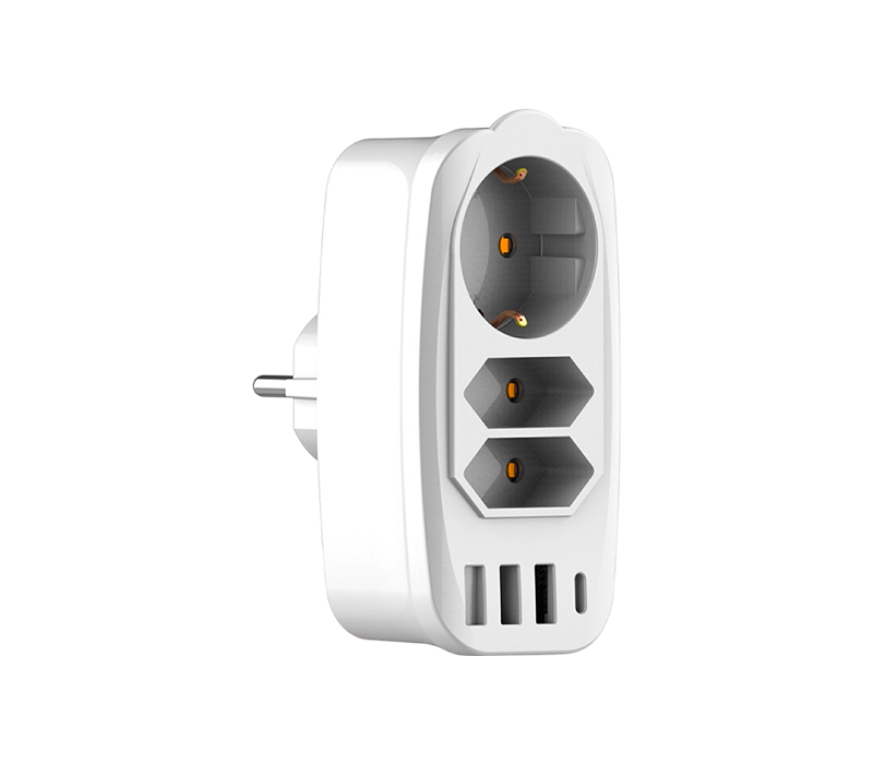 E06 dugaszolható többfunkciós elosztó 2 európai típusú C aljzattal, 1 európai típusú F aljzattal, 3 USB-A porttal és 1 USB-C porttal