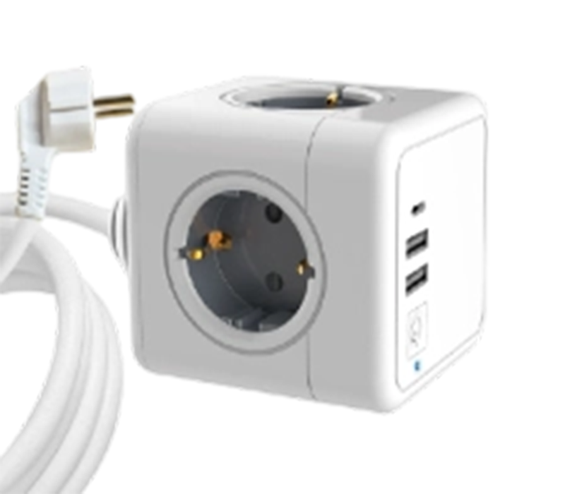 E04C vezetékes kocka elosztó 4 európai stílusú kimenettel, 2 USB-A porttal és 1 USB-C porttal