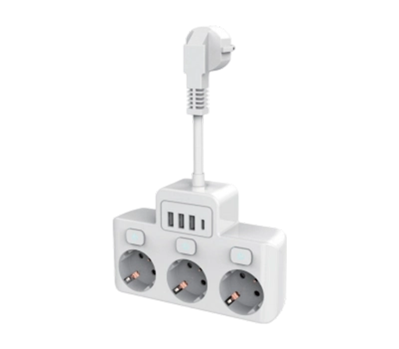 E14 vezetékes elosztó 3 európai stílusú kimenettel, 3 USB-A porttal és 1 USB-C porttal, független kapcsolóval