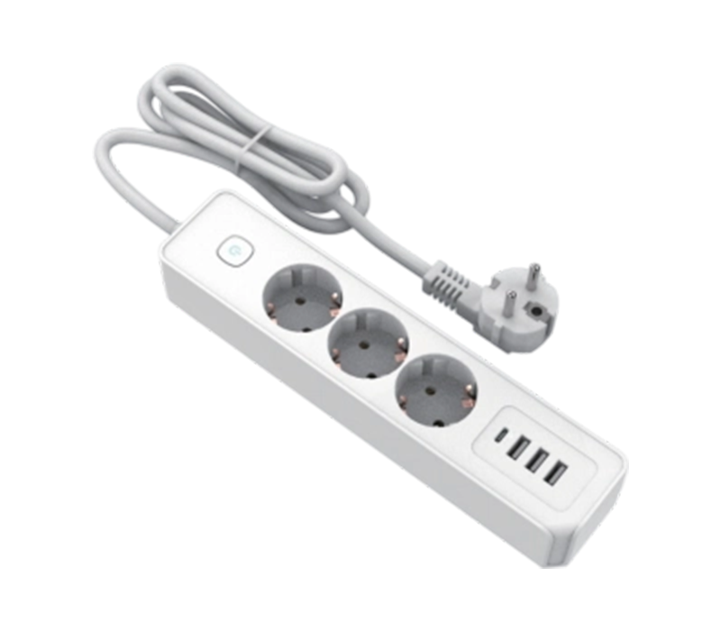 E21-3 európai stílusú elosztó 3 kimenettel, 3 USB-A porttal és 1 USB-C porttal, kapcsolóval