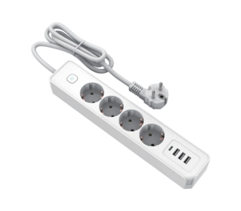 E21-4 európai stílusú elosztó 4 kimenettel, 3 USB-A porttal és 1 USB-C porttal, kapcsolóval
