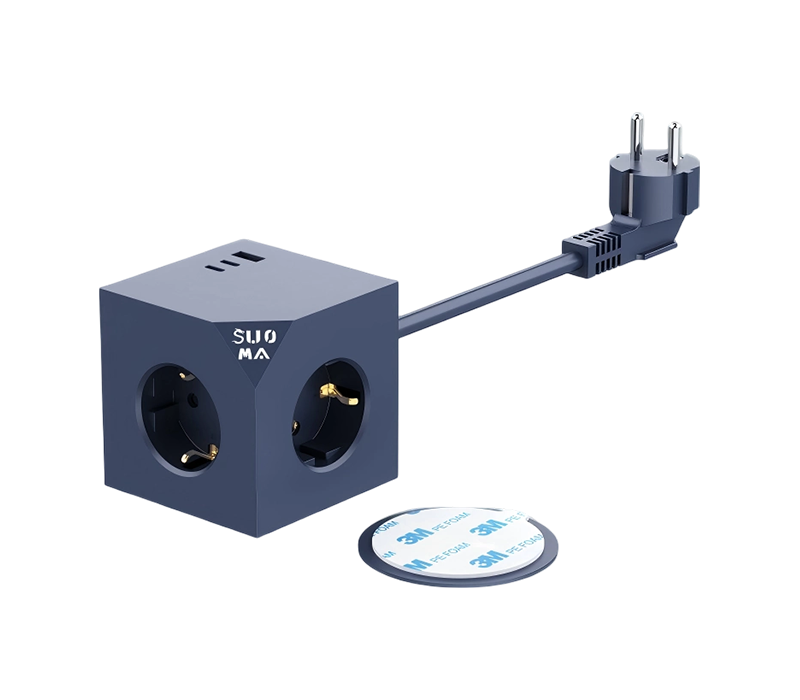 E25 vezetékes kocka elosztó 3 európai stílusú kimenettel, 1 USB-A porttal és 2 USB-C porttal, 3 méteres öntapadó matricákkal