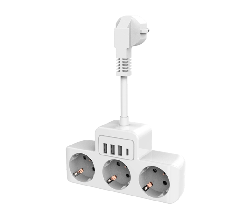 E13 vezetékes tápegység 3 európai stílusú kimenettel, 3 USB-A porttal és 1 USB-C porttal