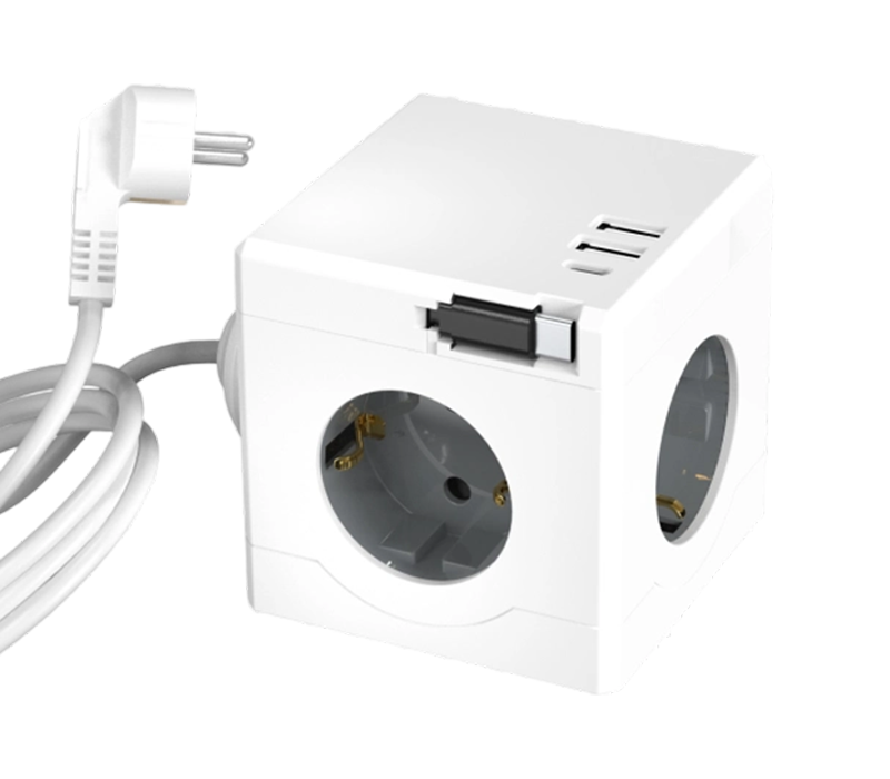 E16-D vezetékes kocka elosztó 3 európai stílusú kimenettel, 2 USB-A porttal és 1 USB-C porttal, visszahúzható töltőkábellel