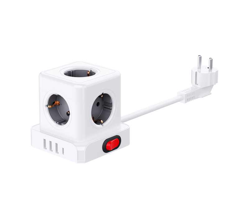 E23 vezetékes kocka elosztó 5 európai stílusú kimenettel, 3 USB-A porttal és 1 USB-C porttal, kapcsolóval