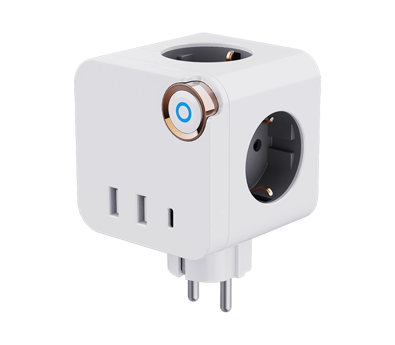 E19 dugaszolható kocka elosztó 3 európai stílusú kimenettel, 2 USB-A porttal és 1 USB-C porttal, kapcsolóval